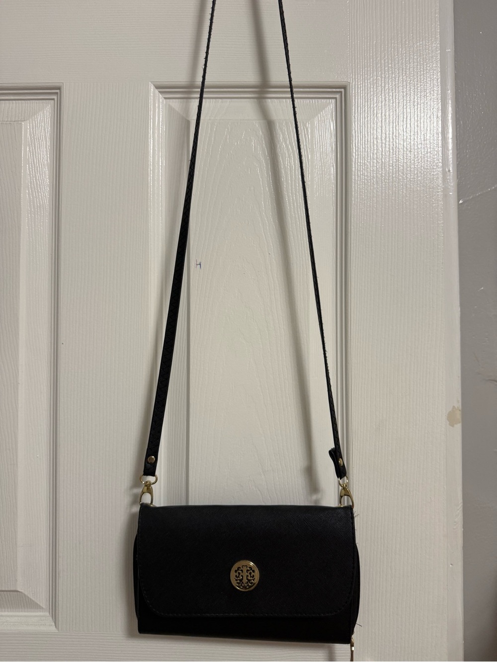 Black Crossbody Wallet Purse with Gold Emblem